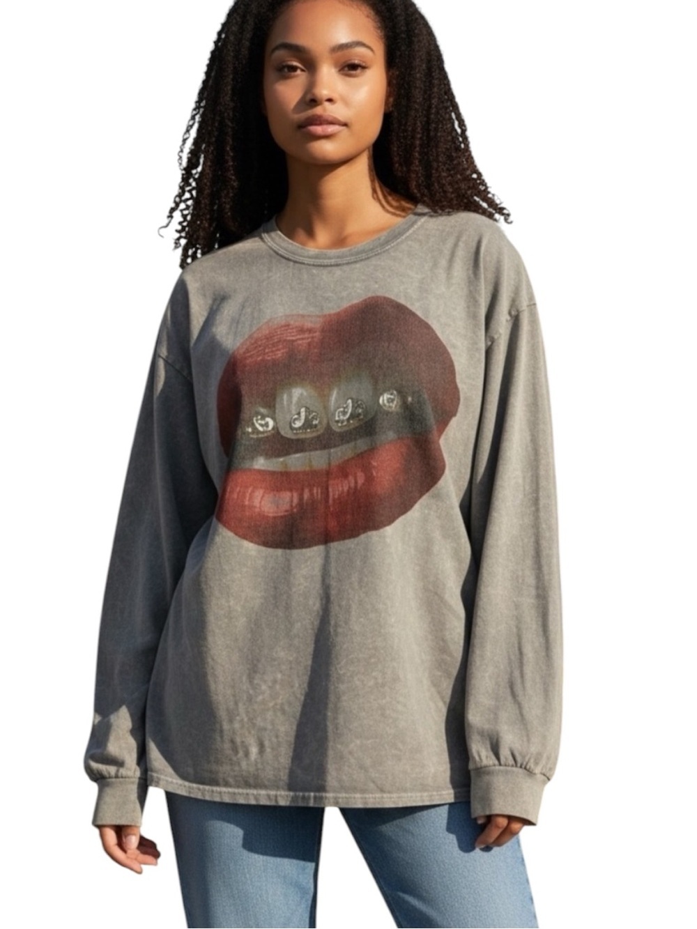 Fashion Nova What A Gem Washed Long Sleeve Graphic Tee Grey 2X Oversized